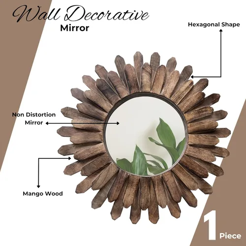 Miniatura 2 de Bedding Craft Espejo rústico redondo de madera con diseño de rayos de sol, de 18 pulgadas con acabado quemado – Accesorio bohemio para dormitorio