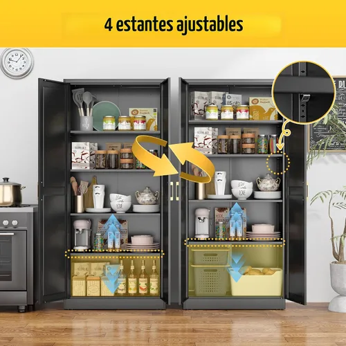 Miniatura 5 de SteeLoong - Armario de despensa de cocina, armario de almacenamiento de metal negro de 71" con puertas y 4 estantes ajustables, gabinete de cocina
