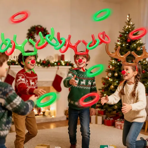 Miniatura 3 de Juego de 18 piezas de 3 anillos inflables de cornamenta de reno para lanzar juegos de fiesta de Navidad, juguetes familiares para niños, relleno