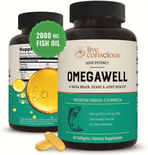 Miniatura 9 de Live Conscious Aceite de pescado OmegaWell: apoyo para el corazón, el cerebro y las articulaciones 800 mg EPA 600 mg DHA - Recubrimiento entérico
