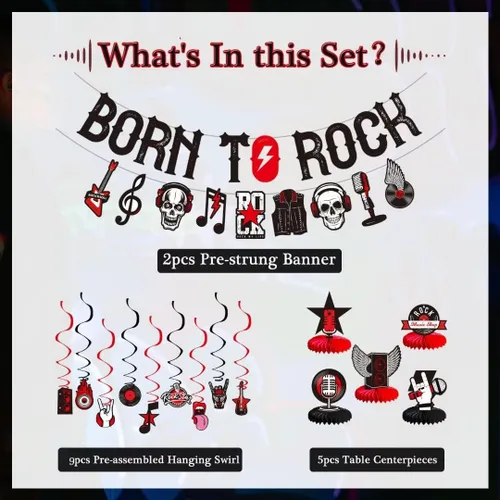 Miniatura 5 de LARRAZABAL Las decoraciones de fiesta de rock and roll incluyen pancarta con purpurina Born to Rock, remolinos colgantes de rock and roll y centros