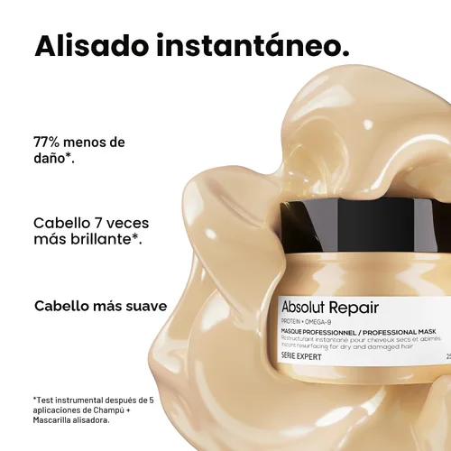 Miniatura 3 de L'Oréal Professionnel Paris Absolut Repair Hair Mask - Tratamiento nutritivo de proteínas, hidrata, repara daños y añade brillo, para cabello seco