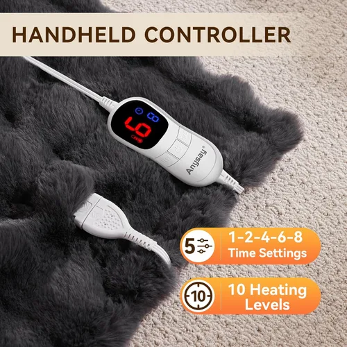 Miniatura 4 de Anysay Manta térmica con 1/2/4/6/8 horas de apagado automático, 10 niveles de calor, 50 x 60 pulgadas, acogedora manta eléctrica de piel de conejo