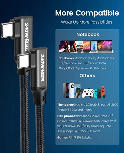 Miniatura 7 de Cable USB C a USB C de 240 W de 4.9 pies, PD 3.1 tipo C a C 5A, cable de carga rápida en ángulo recto para MacBook Pro/Air, iPad Pro/Air/Mini