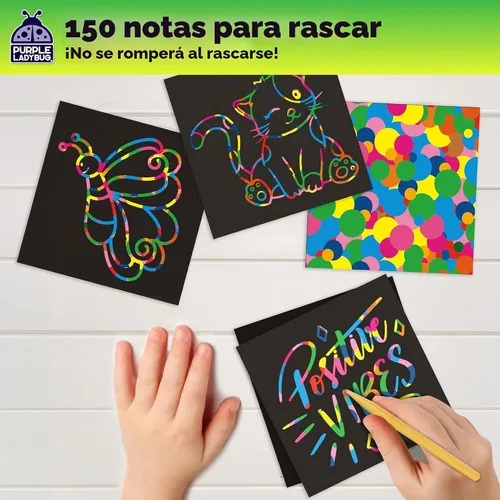 Miniatura 5 de Mininotas raspables: 150 hojas negras con holograma de brillo plateado o arco iris para niños, hojas para arte y manualidades y garabateo. Incluye