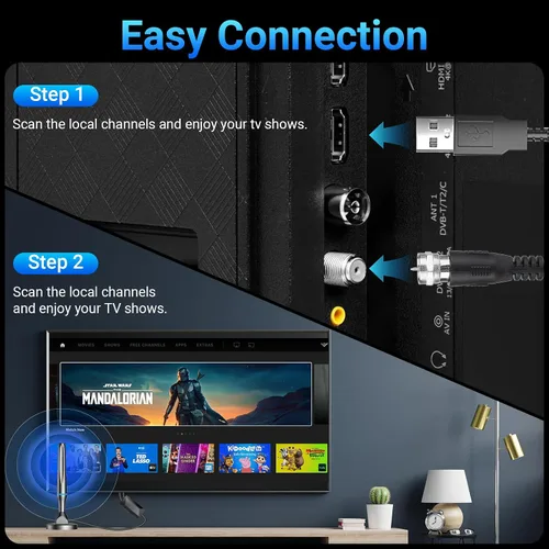 Miniatura 6 de Antena de TV digital 2026 para Smart TV en interiores, antena de TV HD de largo alcance para canales locales con amplificador de señal, recepción