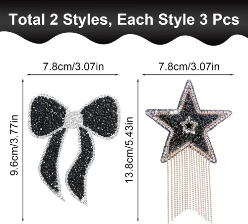 Miniatura 2 de 6 parches para planchar con estrellas de diamantes de imitación para ropa, lazo de estrella con borlas negras brillantes con cadenas, parches