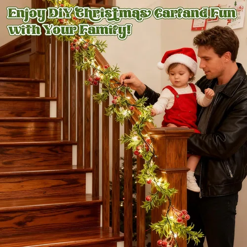 Miniatura 7 de Guirnalda de Navidad con Luces 5.9 Pies Guirnalda de Navidad con Bayas Rojas Hojas de Acebo Verdes Guirnalda Pre-Iluminada para Decoración