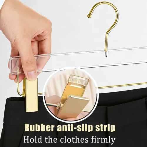 Miniatura 6 de Besser - Perchas acrílicas doradas, paquete de 10 perchas transparentes con gancho dorado, lujosas perchas para faldas y pantalones, clips