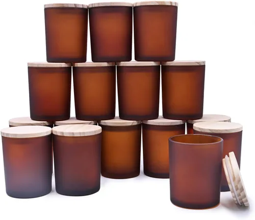 SHOWIN Tarros gruesos para hacer velas, 16 unidades, tarros vacíos de 7 onzas con tapas de madera para hacer velas, contenedor de muestra, marrón
