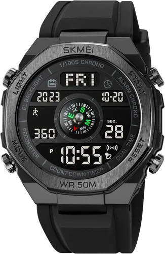Miniatura 6 de FANMIS Hombres Podómetro Relojes Militares Multifuncional 50M Impermeable Digital Reloj Deportivo al Aire Libre Negro