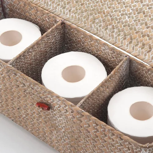 Miniatura 2 de Cesta de Almacenamiento de Seagrass Blanqueado con Tapa Tejida para Rollos de Papel Higiénico con Secciones Rectangular para Organizar Snacks