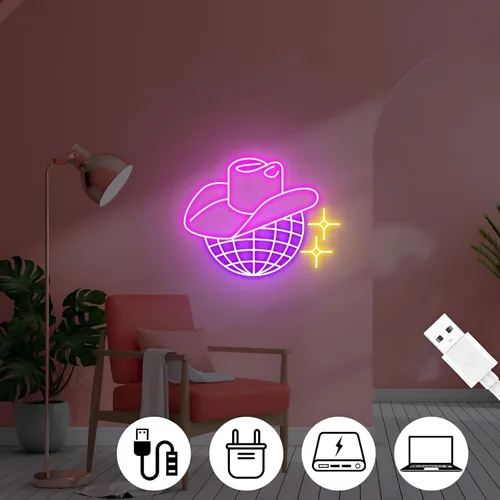 Miniatura 3 de Letrero de neón de bola de discoteca, sombrero de vaquero regulable, luces LED de neón para decoración de pared, letrero iluminado para dormitorio
