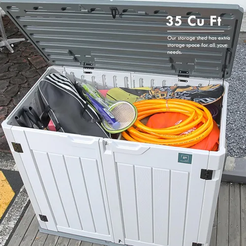 Miniatura 3 de Cobertizo de almacenamiento para exteriores de 35 pies cúbicos, caja de almacenamiento grande de resina, gabinete impermeable y con cerradura