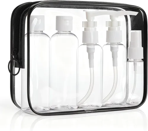 BAGSMART Paquete de 7 bolsas de aseo transparentes con juego de botellas de viaje recargables, bolsa de aseo de viaje aprobada por la TSA, repelente