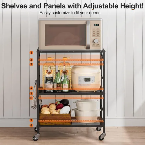 Miniatura 5 de Carrito de cocina de 3 niveles con estantes ajustables - Carrito de almacenamiento para microondas y organizador rodante utilitario, ruedas