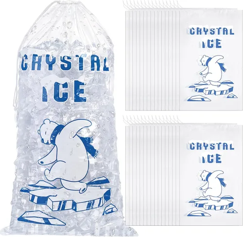 Honoson 100 bolsas de almacenamiento de hielo de plástico de 10 libras con cierre de cordón de algodón para barbacoas, campamentos, puestos de