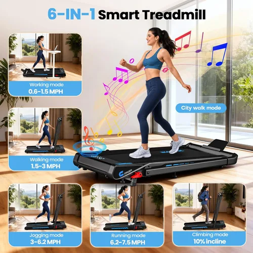 Miniatura 2 de Cinta de correr con altavoz, caminadora plegable 6 en 1 de 7.5 MPH para el hogar con aplicación compatible, almohadilla para caminar con 10%