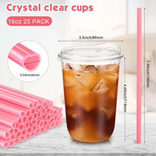 Miniatura 3 de Ziliny Juego de 25 vasos de plástico transparente con pajitas rosas en forma de corazón y tapas sin popote, vasos desechables para mascotas de fondo