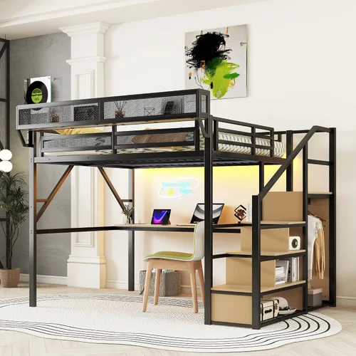 Miniatura 22 de KEIKI Estructura de Cama Loft de Metal Tamaño Twin con Escalera Convertible, Estantes de Almacenamiento Integrados y Armario, Cama Loft con Listones