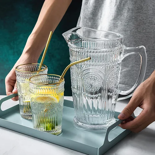 Miniatura 7 de Kingrol Jarra de vidrio de 50 onzas, jarra de agua vintage para té helado, jugo, leche, bebidas, jarra de vidrio resistente al calor para agua