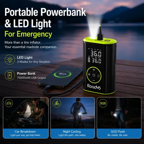 Miniatura 6 de Roadvo [10000 mAh] Inflador de neumáticos Compresor de aire portátil - Bomba de aire eléctrica inalámbrica 150PSI 3 veces más rápida para neumáticos