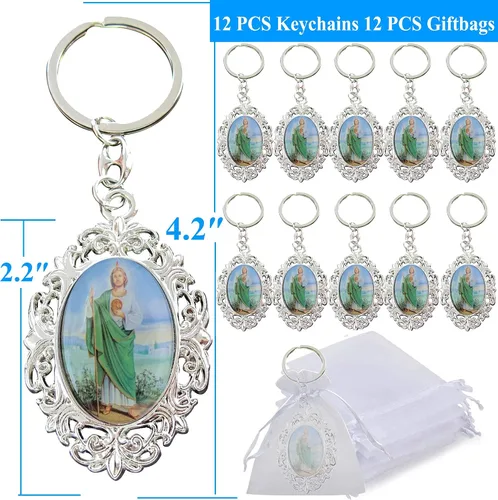Miniatura 2 de 12 piezas de anillo de metal de San Judas Keychian favores de bautismo niño y niña recuerdos de bautizo San Judas