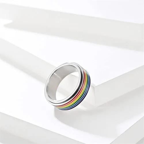 Miniatura 2 de Rotatable Rainbow Stripe LGBT Pride Band Ring for Women Men Teen Girls Couples Bff Anti Anxiety Stress Relief Fidget Spinner Ring Stainless Steel