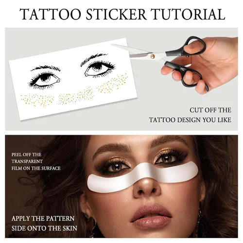 Miniatura 3 de 3 hojas de calcomanías de maquillaje de cara de pecas sintéticas metálicas doradas, impermeables, brillantes, arte corporal para festivales
