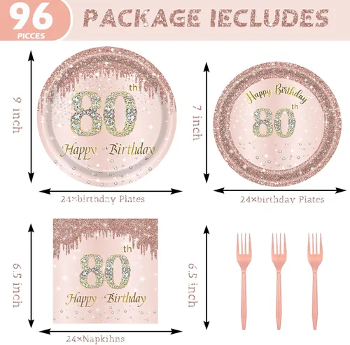 Miniatura 2 de 24 juegos de decoración de fiesta de cumpleaños de oro rosa para mujeres, platos y servilletas para el 80 cumpleaños, tenedores, suministros