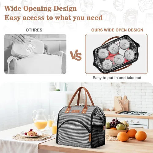 Miniatura 2 de LOKASS Bolsa de Almuerzo Aislada Caja de Almuerzo Bolsa Tote de Almuerzo de Apertura Amplia Soporte Grande para Bebidas Organizador Térmico de Lona