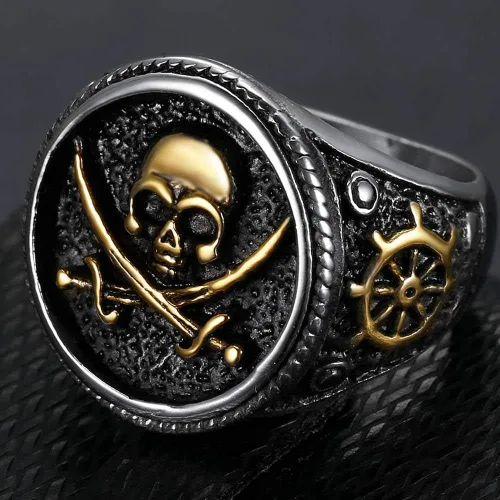 Miniatura 3 de Jude Jewelers Anillo de acero inoxidable antiguo con diseño de calavera pirata para Halloween, cóctel, fiesta, motociclista