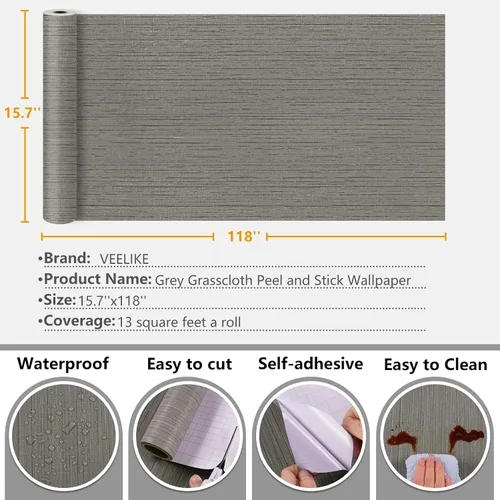 Miniatura 8 de VEELIKE Papel tapiz de pasto gris para despegar y pegar, papel tapiz de tela de hierba sintética extraíble para dormitorio, sala de estar, 15.7 x