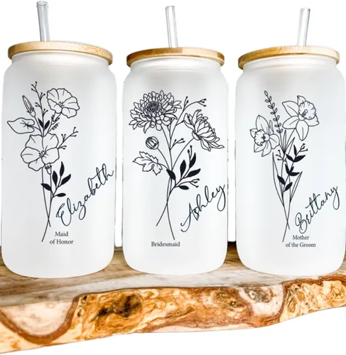 Juego de vasos de cristal personalizados con pajita, regalo de Navidad, diseño personalizado con tu nombre y título, regalo de dama de honor