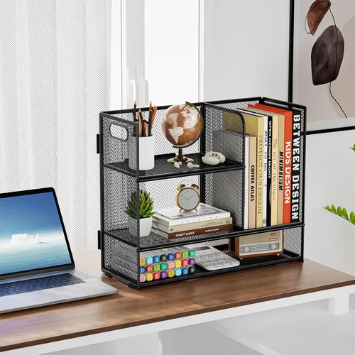 Miniatura 2 de Marbrasse Organizador de Estante de Escritorio de 3 Niveles con Asa, Soporte de Libros de Escritorio para Archivos, Organizador de Estante