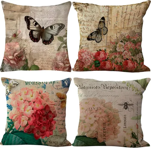 ChezMax - Juego de 4 fundas decorativas para cojín de 18 x 18 pulgadas, con estampado de flores vintage y mariposas, de lino, fundas para cojín para