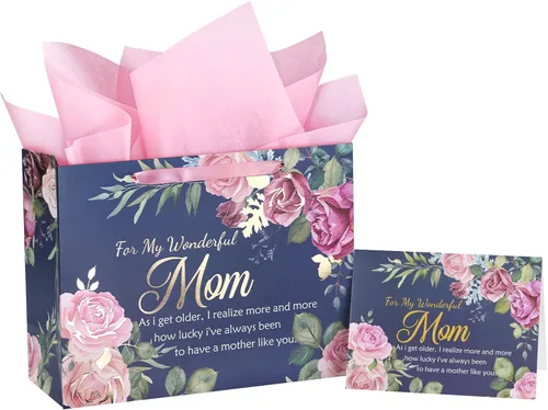 Miniatura 13 de WRAPAHOLIC Bolsa grande de regalo de cumpleaños para mamá de 13 pulgadas con tarjeta y papel de seda, elegante diseño floral con diseño de feliz