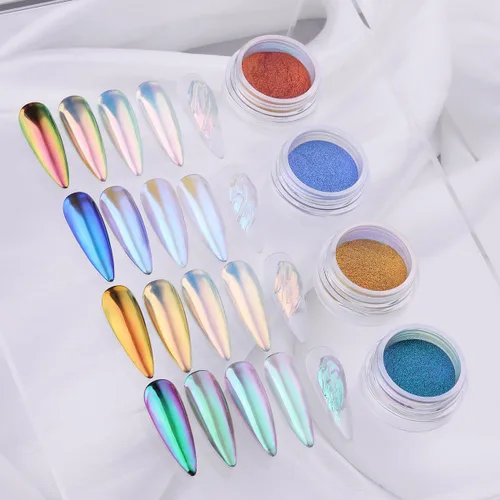 Miniatura 7 de Fcozpjk Polvo de uñas cromado, 4 colores, efecto espejo, camaleón, cromado, polvo de uñas con gel de escultura 3D, polvo de uñas Aurora transparente