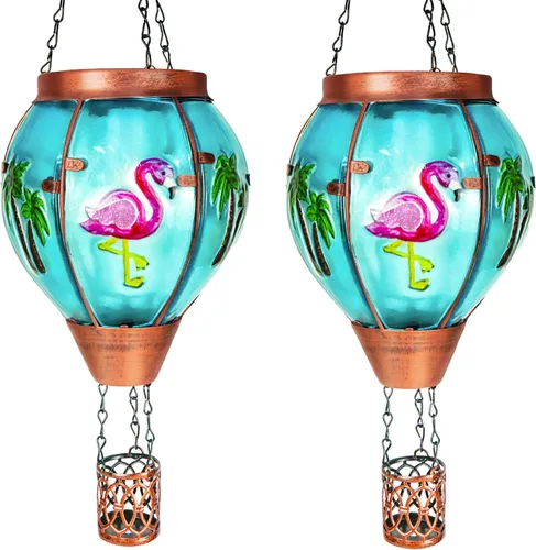 Paquete de 2 linternas solares de globo de aire caliente con llama, luces solares de vidrio de flamenco para exteriores, luces para patio y jardín,