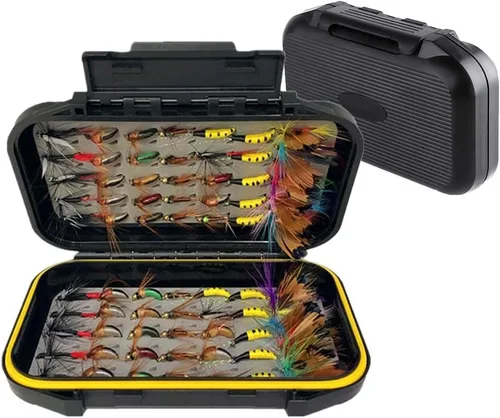 Kit de moscas de pesca con mosca, 40/137 piezas, surtido de moscas secas/húmedas, serpentina para trucha, lubina, pez + caja de moscas
