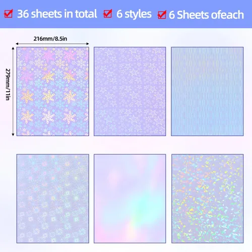 Miniatura 3 de 36 hojas de papel adhesivo holográfico, película laminada de vinilo transparente para calcomanías, impermeable, superposición transparente