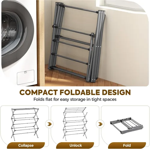 Miniatura 6 de KINGBOARD Tendedero de secado de ropa plegable con 11 postes, estante de secado de lavandería de 3 niveles, estante de secado de ropa pequeño