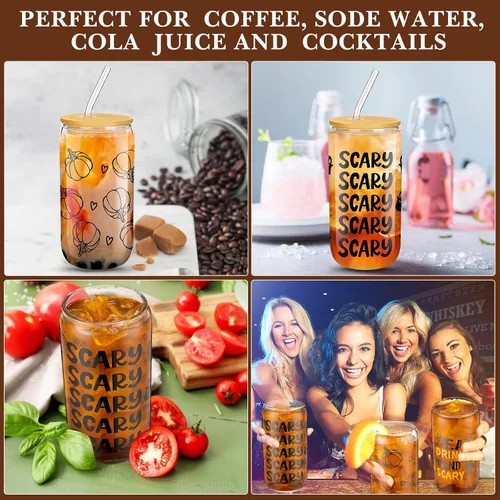 Miniatura 6 de meekoo 6 tazas de vidrio de Halloween de 16 onzas, tazas de café helado, calabazas, murciélagos, fantasmas, vasos de cerveza con tapas y pajitas