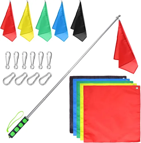 5 banderas de entrenamiento de caballos y poste telescópico de 55 pulgadas con gancho para lanzarse, bandera retráctil de equipo de entrenamiento de