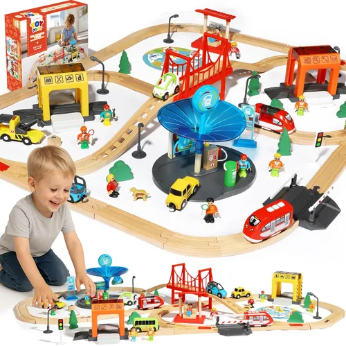 TOY Life Juego de Tren de Madera para Niños Pequeños de 2-4 Años, 119 Piezas Juguetes de Tren de Ciudad con Vías de Tren de Madera, Juego de Tren