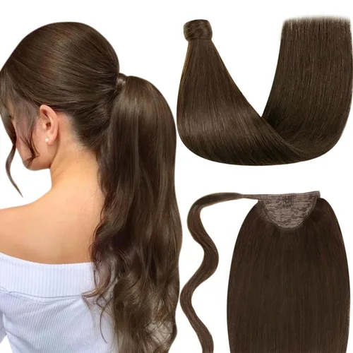 Miniatura 11 de LaaVoo Extensión de cola de caballo de cabello humano marrón para mujer, extensiones de cola de caballo marrón oscuro, extensiones de cabello humano