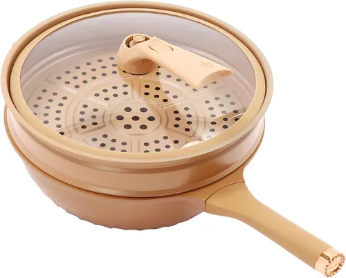 Sartén antiadherente de 12.6 pulgadas de profundidad con tapa de vidrio, rejilla al vapor, olla de micro presión apta para lavavajillas, funciona