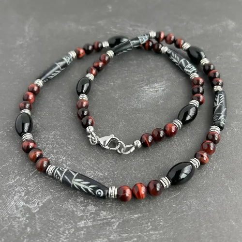 Miniatura 3 de Mami's Gem Studio Collar de estilo tribal para hombre, cuentas con hueso tallado, ónix negro y piedras preciosas, hecho a mano en Estados Unidos
