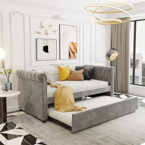 Miniatura 14 de MERITLINE Sofá cama tapizado de tamaño matrimonial con nido, sofá cama matrimonial de terciopelo con respaldo y reposabrazos, marco de cama Gris