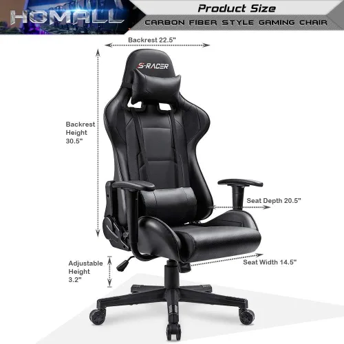 Miniatura 3 de Homall Silla de juegos, silla de oficina con respaldo alto, silla de computadora de cuero, silla de escritorio racing ejecutiva, ergonómica, Negro
